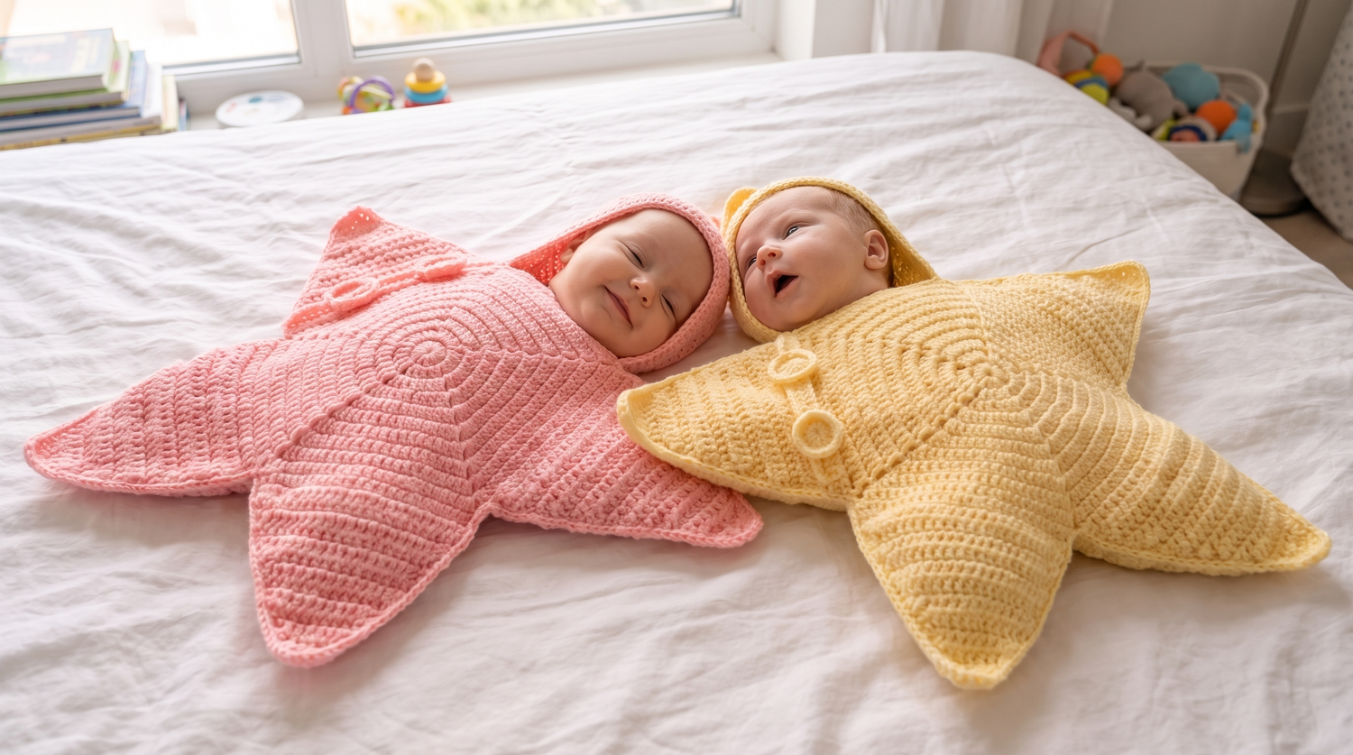 Twin babies swaddled in pink and yellow crochet star snugglers, smiling on a bed near a window