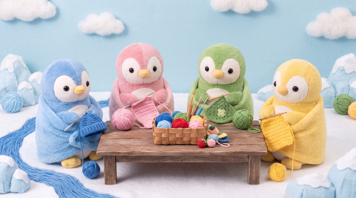 Four penguin plush toys knitting and crocheting together on a wooden bench